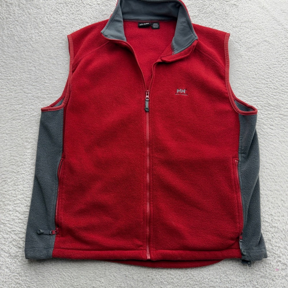 Helly Hansen Mens Fleece Vest Red Grey Full Zip Mock Neck Large Gorpcore Outdoor